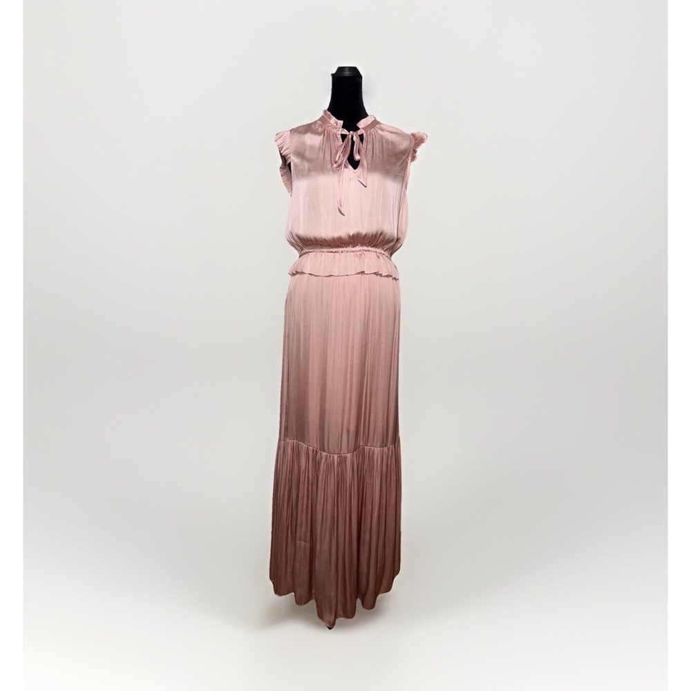 Banana Republic Womens Pink Pleated Ruffle Tie Neck Satin Maxi Dress Size 6
